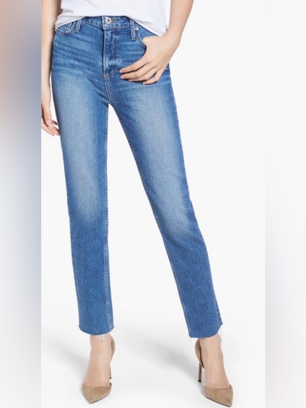 PAIGE Vintage-Style Hoxton High-Waist Slim Raw Hem Jeans in Birdie Size 32